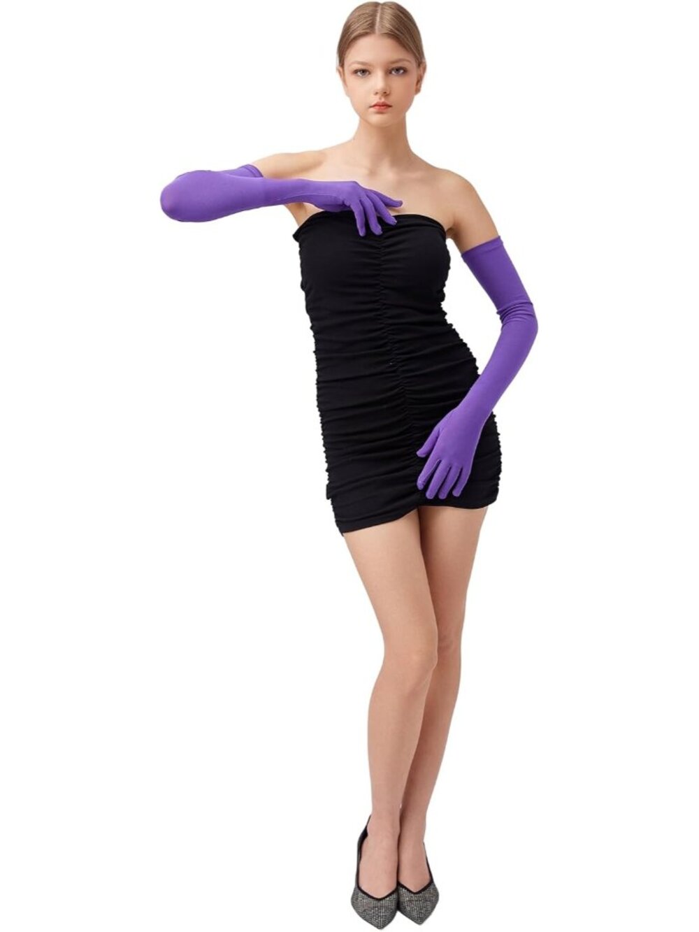 Women's Purple Elastic Sun Protection Elbow Length Matte Long Opera Party Gloves